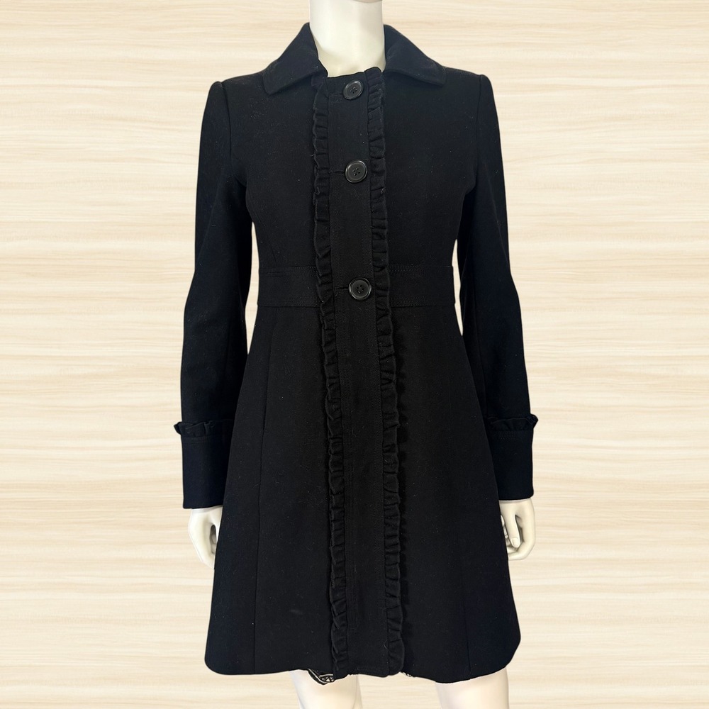 J.Crew Black 100% Wool Ruffle Trim Coat Fit Flare Button Front Preppy Womens 4